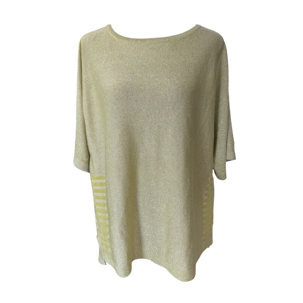 Chicos Lime Green Metallic Linen Blend Sweater Top Size 2 Large Short Sleeve